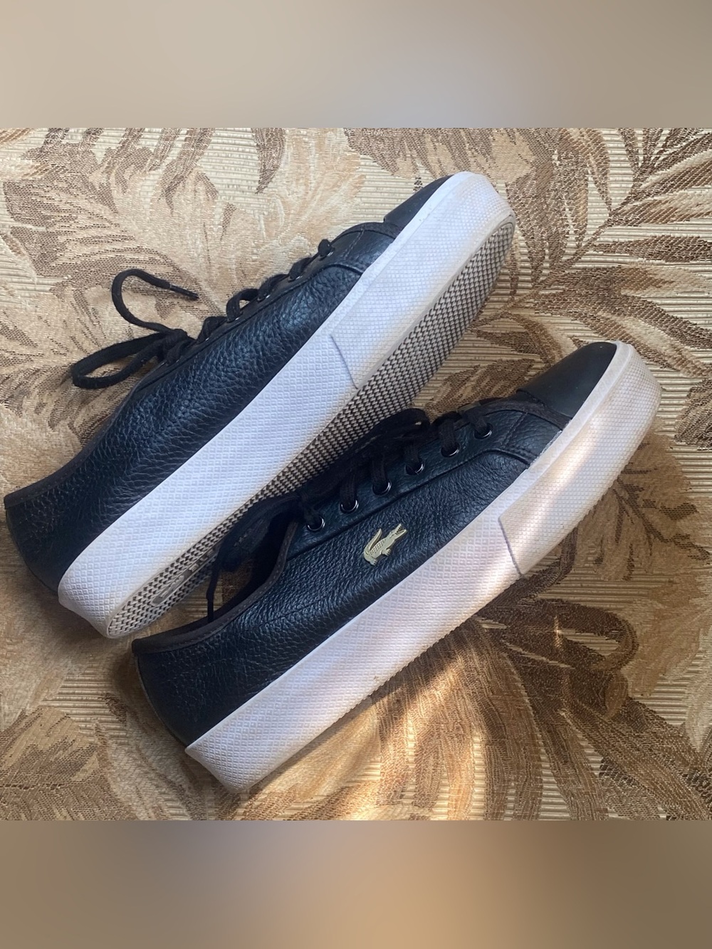 Lacoste Black Leather Low-Top Sneakers with White Soles and Gold Logo Womens 8 - Picture 8 of 9